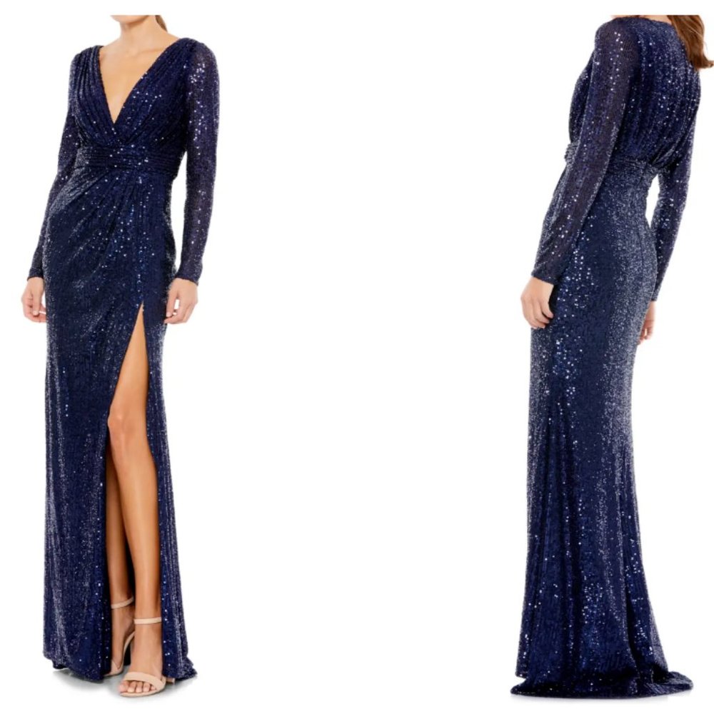 MAC DUGGAL LONG SLEEVE SEQUIN FAUX WRAP THIGH SLIT MIDNIGHT NAVY GOWN sz 12